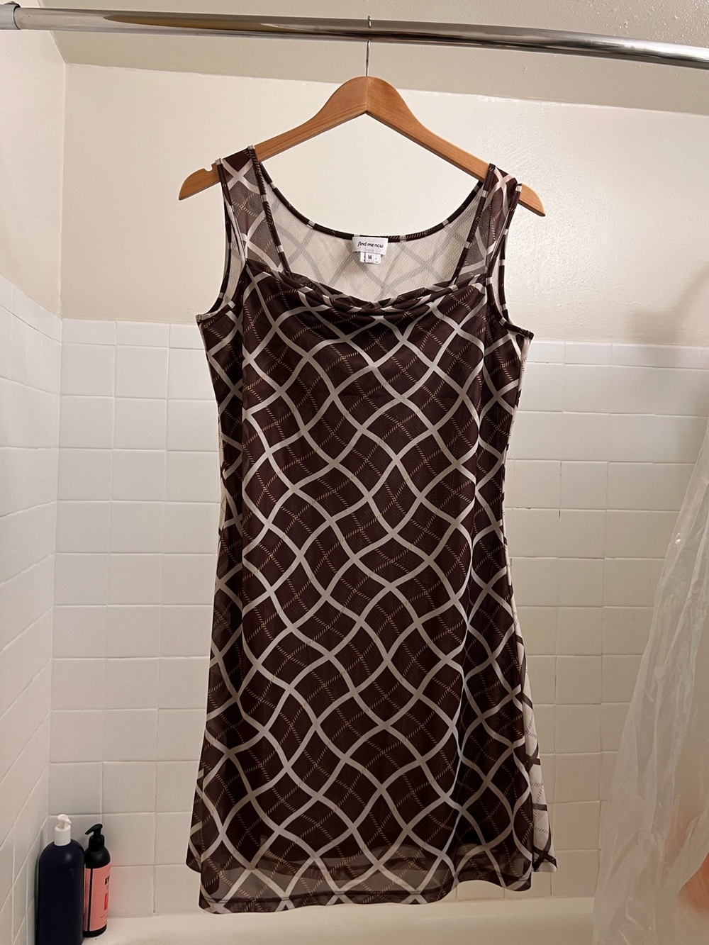 Find Me Now brown and beige geometric patterned mini dress - size M